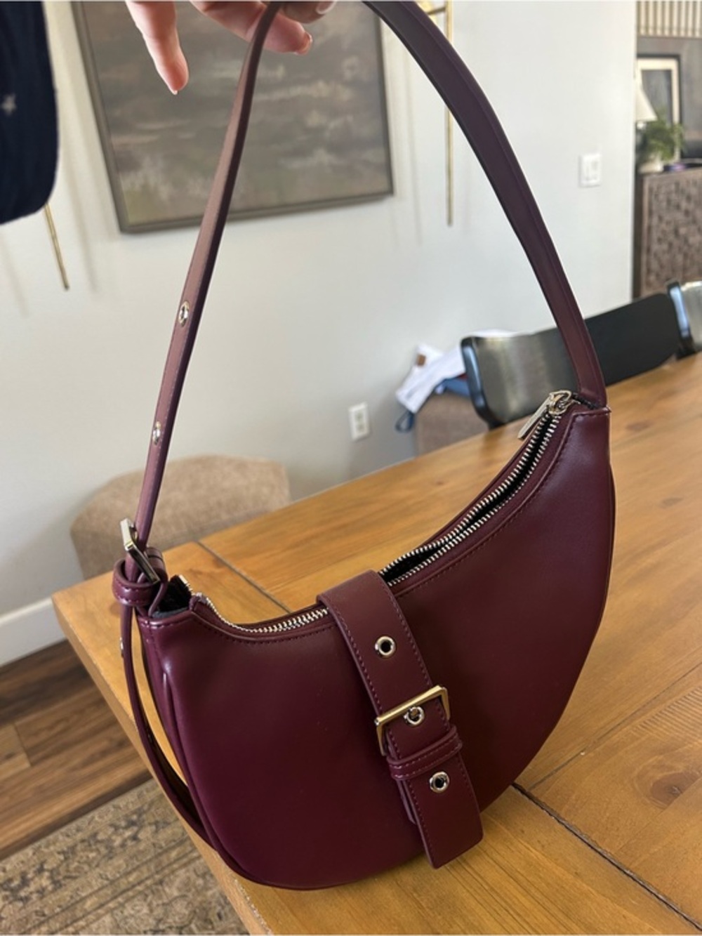 Women's Crescent Shoulder Bag in Deep Burgundy
